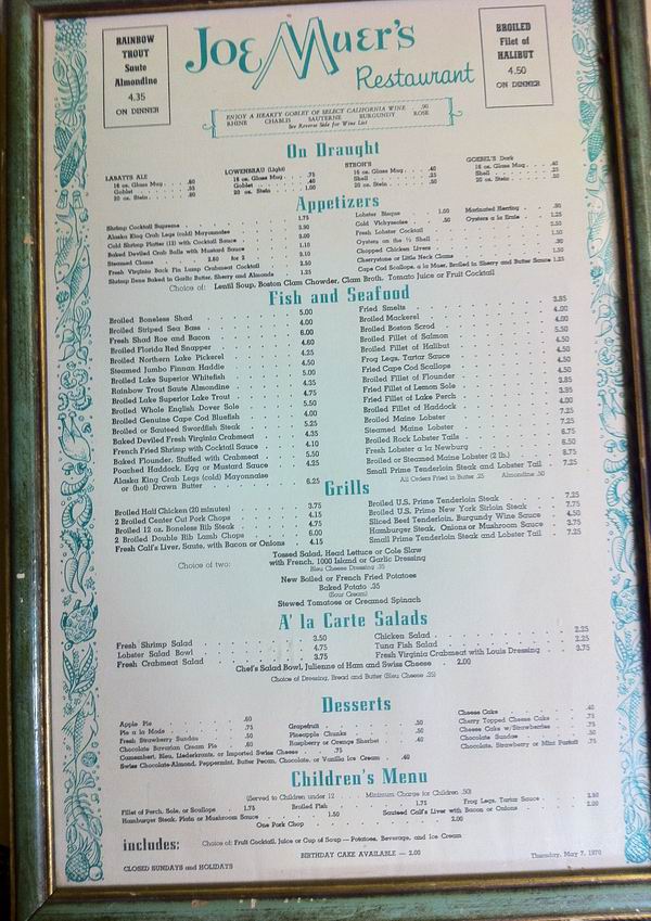 Joe Muers Menu circa 1970 from paul